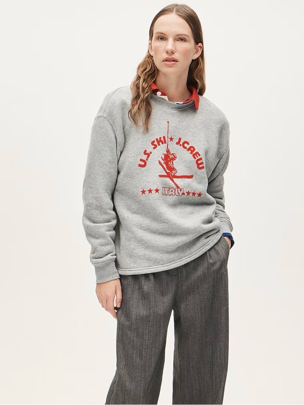 J. Crew Heather Gray Crewneck Sweatshirt with Red Ski Graphic